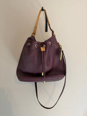 Coach Pebbled Leather Drawstring Hobo in Plum with Tan Strap